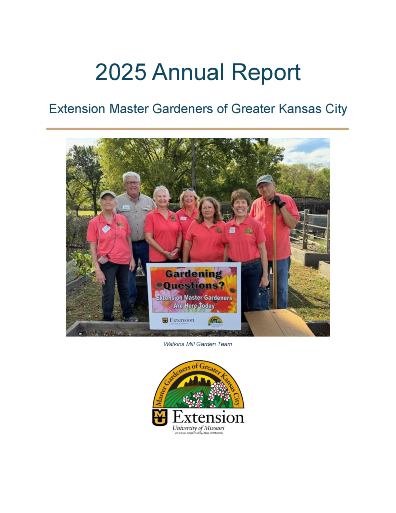 2025 Annual Report Cover showing Watkins Mill Garden Team behind MGGKC Outreach signage